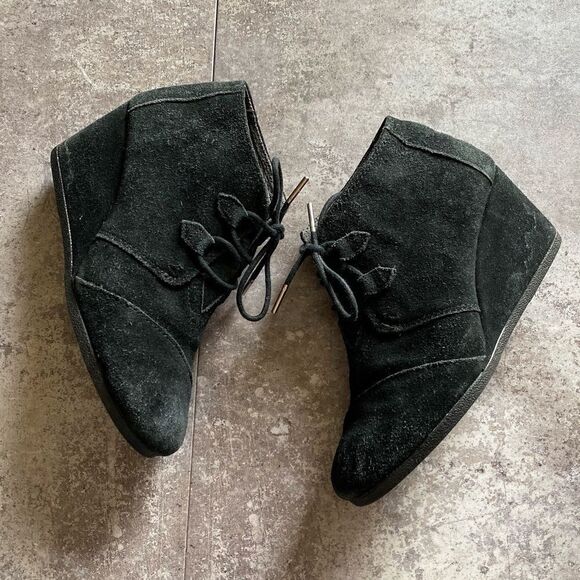 Toms Shoes - TOMS Wedge Ankle Booties Suede Black Shoes 9 Minimalist Classic